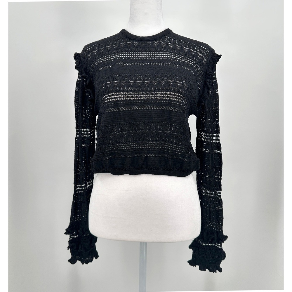 MISA Los Angeles Black Pointelle Knit Ruffle Trim Cropped Sweater Top Large